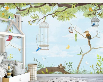 Kuş Kafesi Resimli Bebek Odası Duvar Kağıdı Modeli