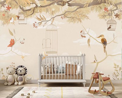 Kuş Kafesi Resimli Bebek Odası Duvar Kağıdı Modeli