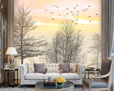 Kurumuş Ağaçlar Ve Gökyüzünde Kuşlar  Duvar Kağıdı Modeli