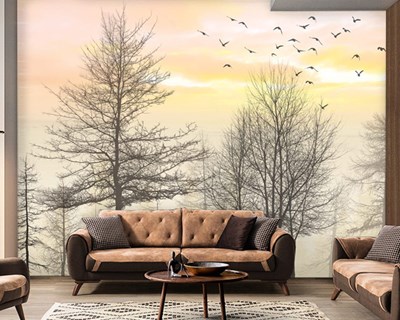 Kurumuş Ağaçlar Ve Gökyüzünde Kuşlar  Duvar Kağıdı Modeli