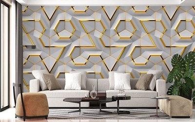 Geometrik Desenli Altın Detaylı Duvar Kağıdı Modeli