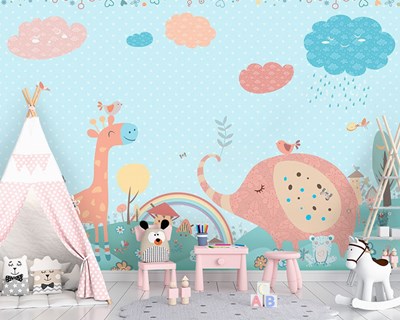 Bebek Odasına Fil ve Zürafalı Duvar Kağıdı Modeli
