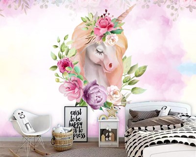 Gül Çiçekli Pembe Saçlı At Resimli Duvar Kağıdı Modeli