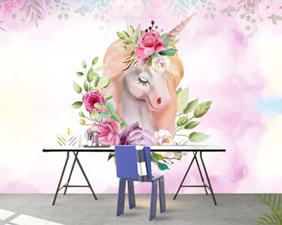 Gül Çiçekli Pembe Saçlı At Resimli Duvar Kağıdı Modeli