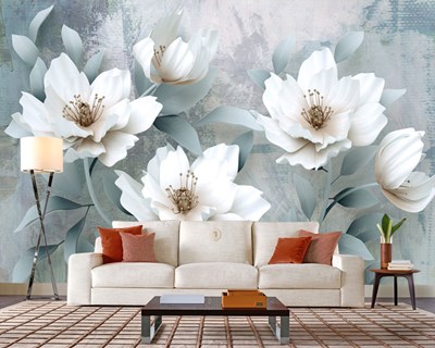 Beyaz Büyük Çiçekli Duvar Kağıdı Modeli