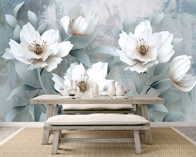 Beyaz Büyük Çiçekli Duvar Kağıdı Modeli
