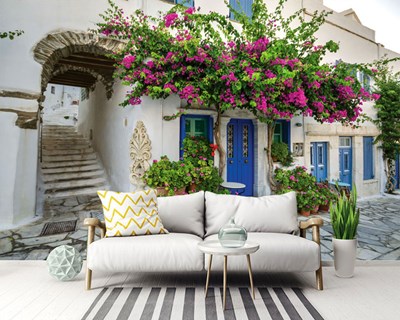3 Boyutlu Mavi Kapılı Çiçekli Ev Duvar Kağıdı Modeli