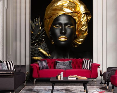 Altın Renk Eşarplı Siyahi Kadın 3D Duvar Kağıdı