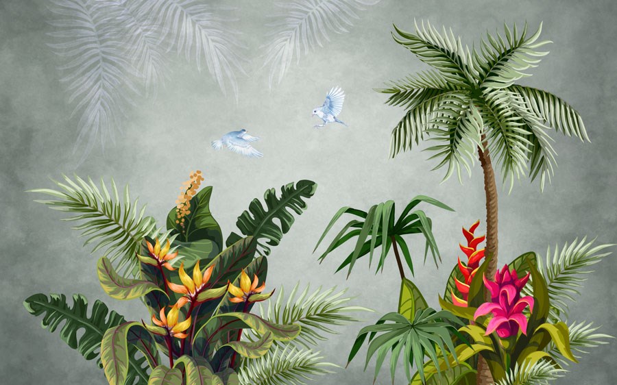 Mavi Kuşlar Tropikal Çiçekler Duvar Kağıdı