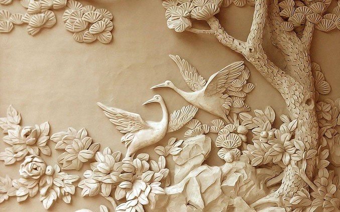 Kabartmalı Ahşap Turna Kuşları 3D Duvar Kağıdı