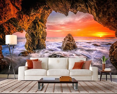 Kayalıklı Denizde Günbatımı 3D Duvar Kağıdı