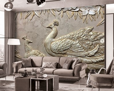 Sac Kabartma Görünümlü Tavus Kuşu Desenli Duvar Kağıdı 3D