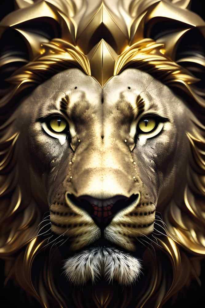 Altın Taçlı Fantastik Aslan Kral Yüzü 3D Duvar Kağıdı Görseli 