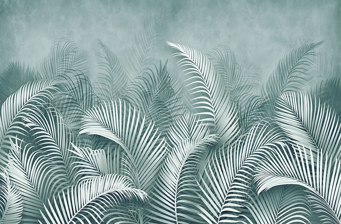 Su Yeşili Zeminde İnce Beyaz Yapraklar Duvar Kağıdı 3D