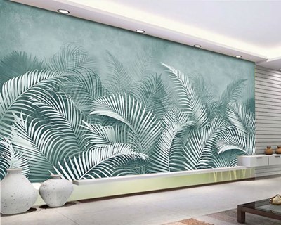 Su Yeşili Zeminde İnce Beyaz Yapraklar Duvar Kağıdı 3D