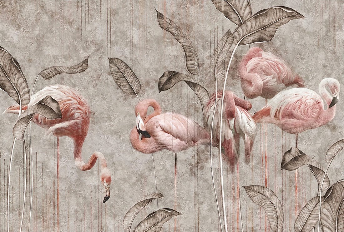 Pastel Tonlarda Tropikal Yapraklar Kuşlar Duvar Kağıdı Görseli