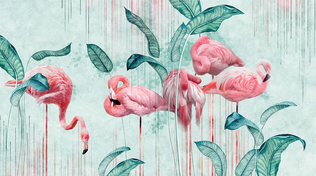 Pembe Flamingolar Yeşil Tropik Yapraklar Duvar Kağıdı Görseli
