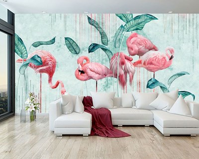 Pembe Flamingolar Yeşil Tropik Yapraklar Duvar Kağıdı Görseli
