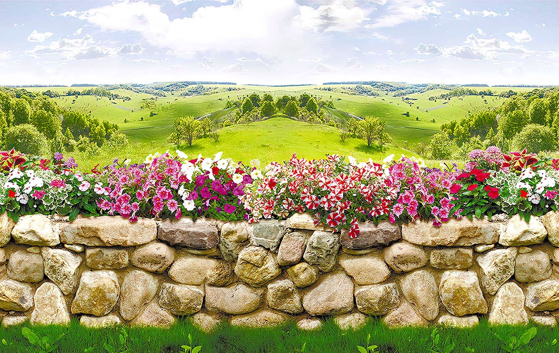 Taş Bariyer ve Renkli Çiçekler Tarlası Duvar Kağıdı 3D 