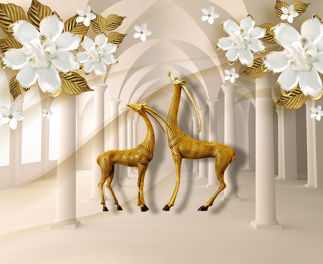 Altın Geyik Heykelleri 3D Duvar Kağıdı