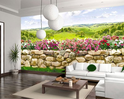 Taş Bariyer ve Renkli Çiçekler Tarlası Duvar Kağıdı 3D 