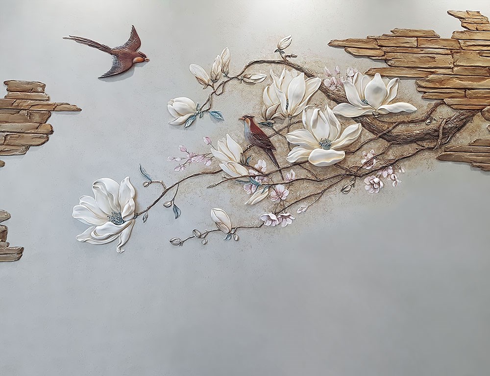Kiraz Dalında Kuşlar Kabartmalı Duvar Kağıdı 3D 