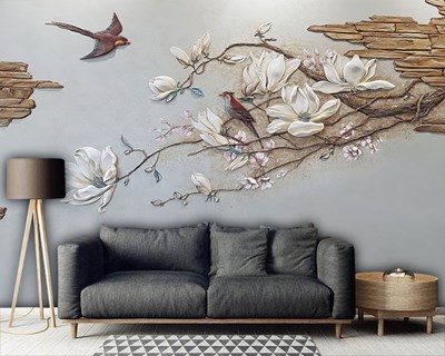 Kiraz Dalında Kuşlar Kabartmalı Duvar Kağıdı 3D 