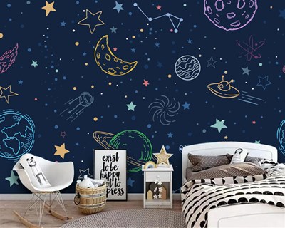 Uzay Desenli Çocuk Odası Duvar Kağıdı