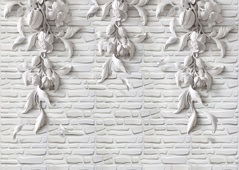 Beyaz Tuğla Üzerinde Beyaz Çiçekler 3D Duvar Kağıdı