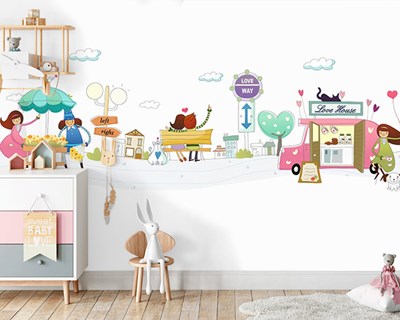 Sevimli Minik Kasaba Çocuk Odası Duvar Kağıdı