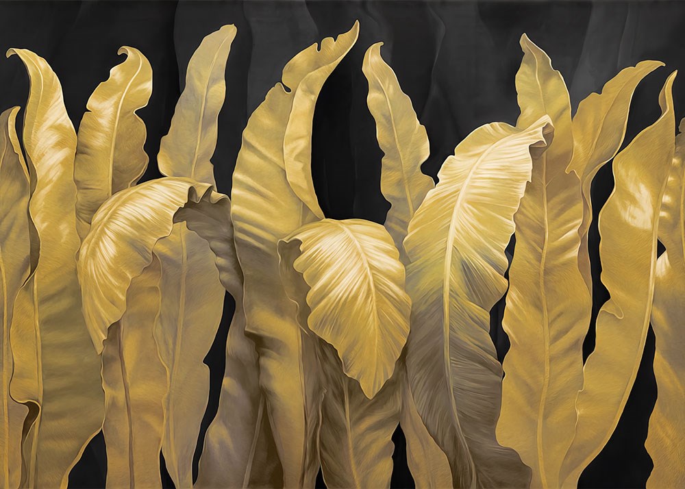 Koyu Zemin Üzerinde Altın Sarısı Tropikal Yapraklar 3D Duvar Kağıdı