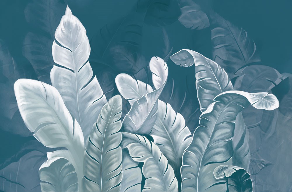 Mavi Fon Üzerinde Beyaz Tropikal Yapraklar 3D Duvar kağıdı