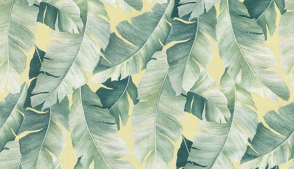 Sarı Zemin Üzerinde Yeşil Tropikal Yapraklar 3D Duvar Kağıdı