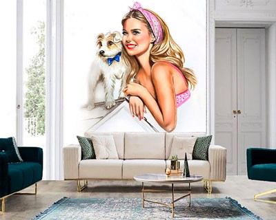 Beyaz Köpekli Kız Vektörel Çizim Bayan Kuaförü Duvar Kağıdı