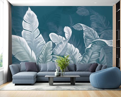 Mavi Fon Üzerinde Beyaz Tropikal Yapraklar 3D Duvar kağıdı