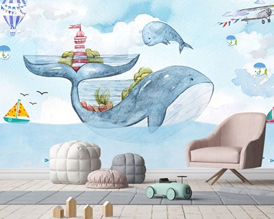 Neşeli Balinalar Çocuk Odası Duvar Kağıdı