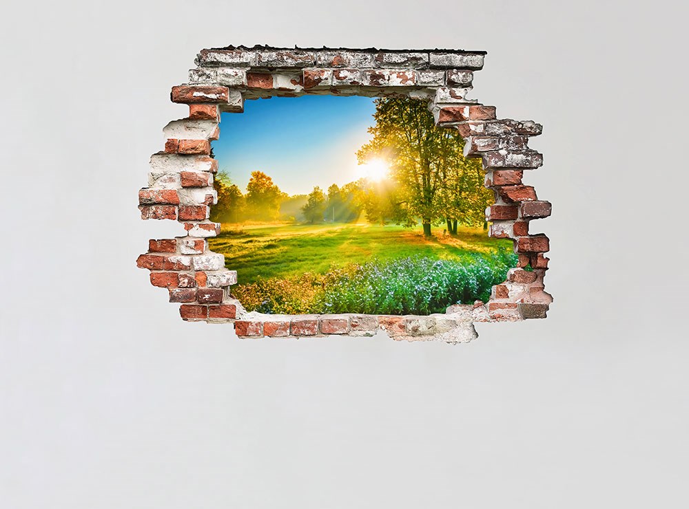 Kırılmış Tuğla Duvardan Görünen Günbatımı Doğa Manzarası 3D Duvar Kağıdı