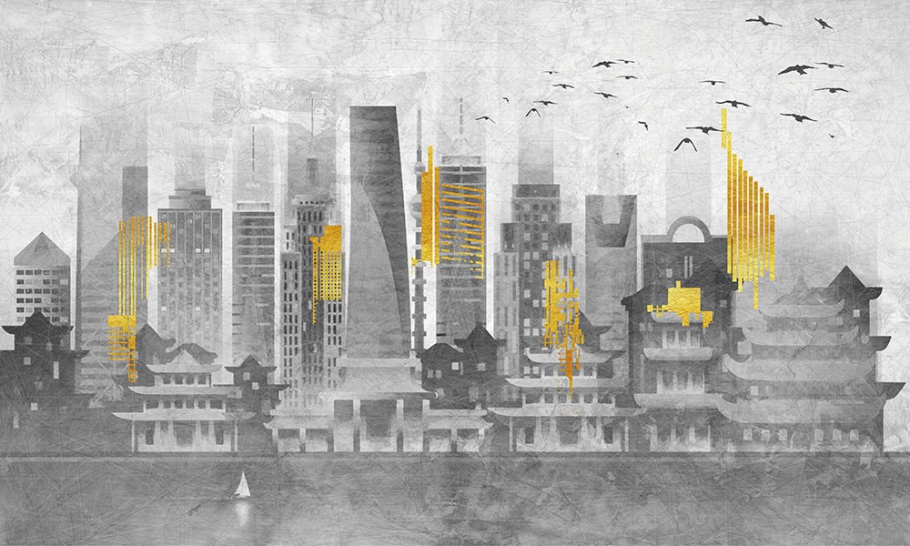 Sarı Siyah Pastel Renklerde Binalar Gökdelenler Metropol Tablo 3d Duvar Kağıdı