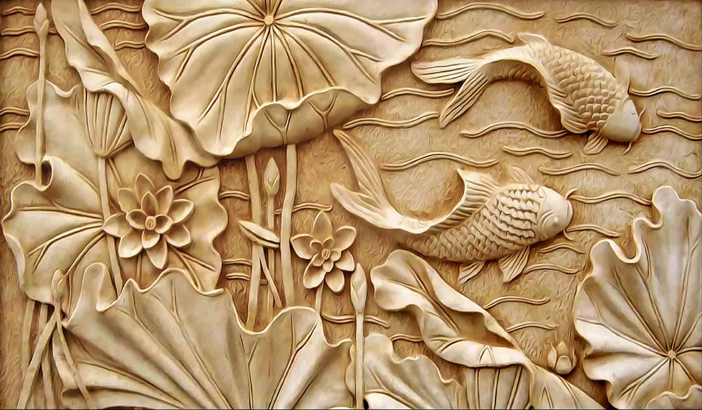 Balık Havuzu ve Çiçek Kabartmalı 3D Duvar Kağıdı