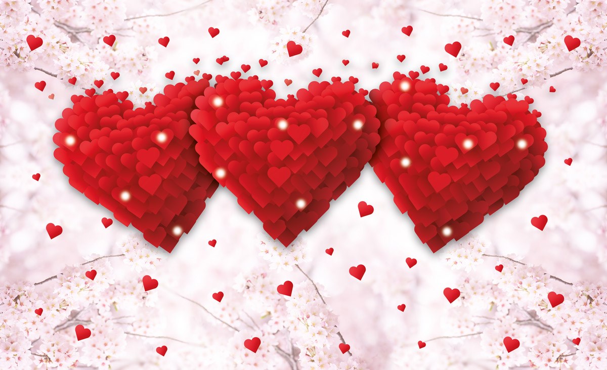 Sevgi Temalı Üçlü Kalp Tasarımlı 3D Duvar Kağıdı