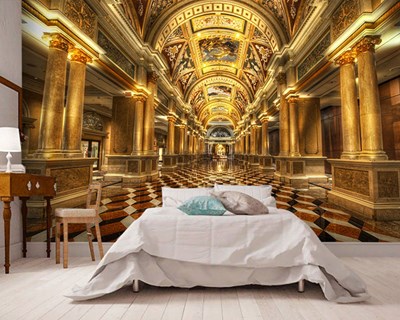 İngiliz Sarayı Altın Kaplama Stünlar Damalı Zemin Manzaralı Derin 3D Duvar Kağıdı