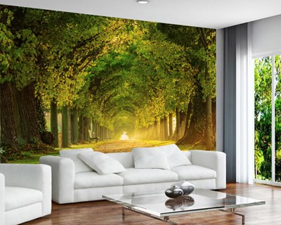 Yeşil Ağaçlı Orman Yolu Güneşin Batışı Temalı 3D Duvar Kağıdı