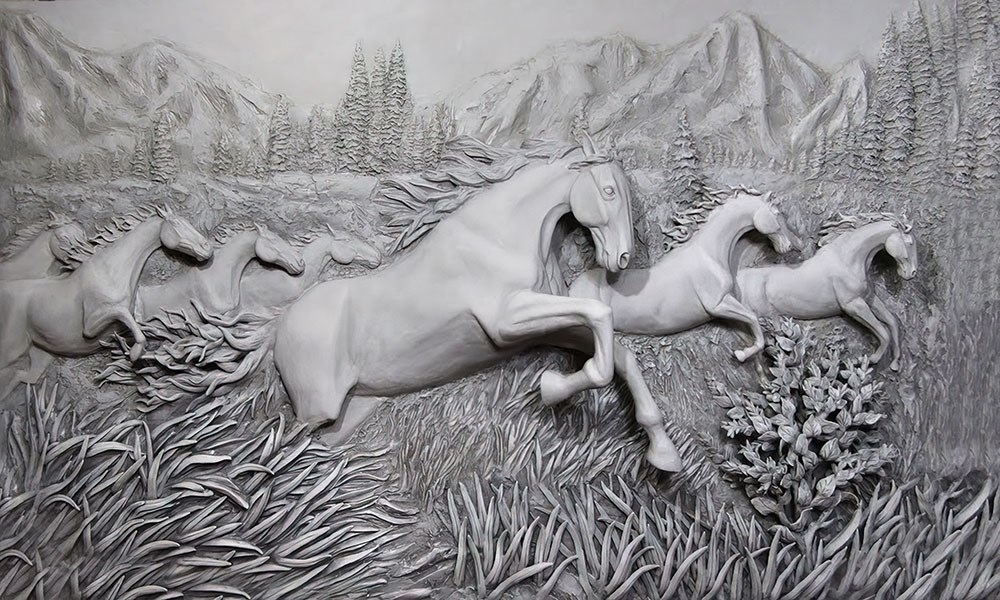Beton Kabartma Rölyef Savaş Atları Temalı Duvar Kağıdı 3D Tek Parça