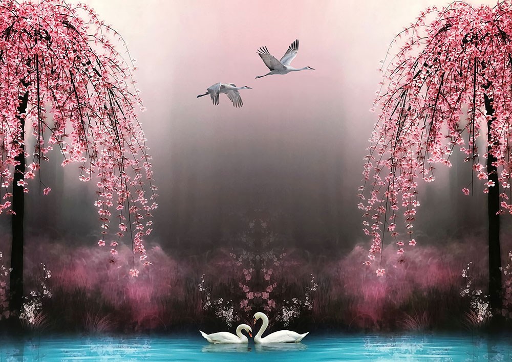 Göl Kenarında Pembe Çiçekler Rüya Gibi Kuğular 3D Duvar Kağıdı