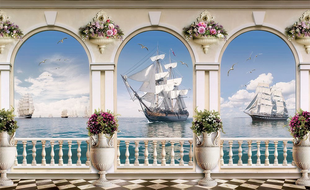 Balkondan Deniz Manzaralı Gemi Temalı Duvar Kağıdı 3D