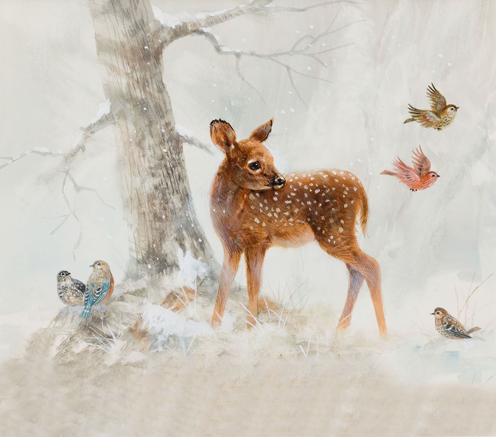 Ormanda Ceylan ve Renkli Küçük Kuşlar Bebek Odası Duvar Kağıdı 3D