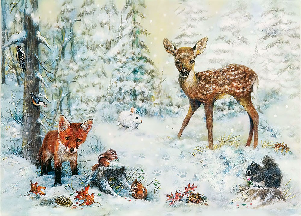 Ormanda Kış ve Hayvanlar Ağaçlar 3D Duvar Kağıdı