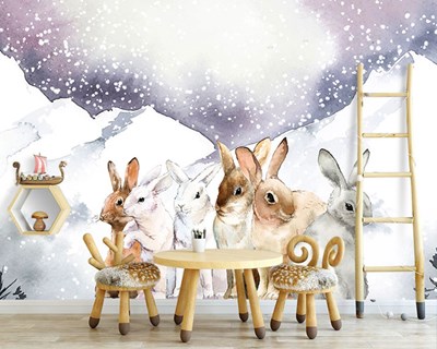Kış Manzarasında Beyaz Tavşanlar Duvar Kağıdı Çocuk Odası Posteri