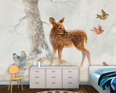 Ormanda Ceylan ve Renkli Küçük Kuşlar Bebek Odası Duvar Kağıdı 3D