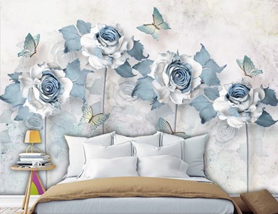 3D Mavi Yapraklı Beyaz Güller Duvar Kağıdı